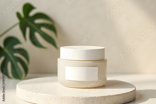 Cream Jar on Pedestal: A minimalist studio shot showcases a sleek cream jar, poised on a circular pedestal, set against a softly lit backdrop.