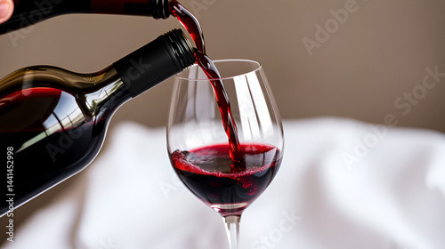 Pouring rich red wine into a crystal clear stemmed glass.