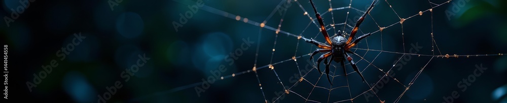 Obraz premium Dark and eerie spider web with realistic spider silhouettes on a black backdrop, night, arachnid, creepy
