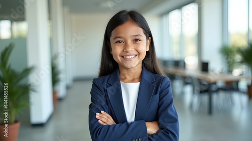 Confident Young Girl Wearing Blue Blazer in Office Setting