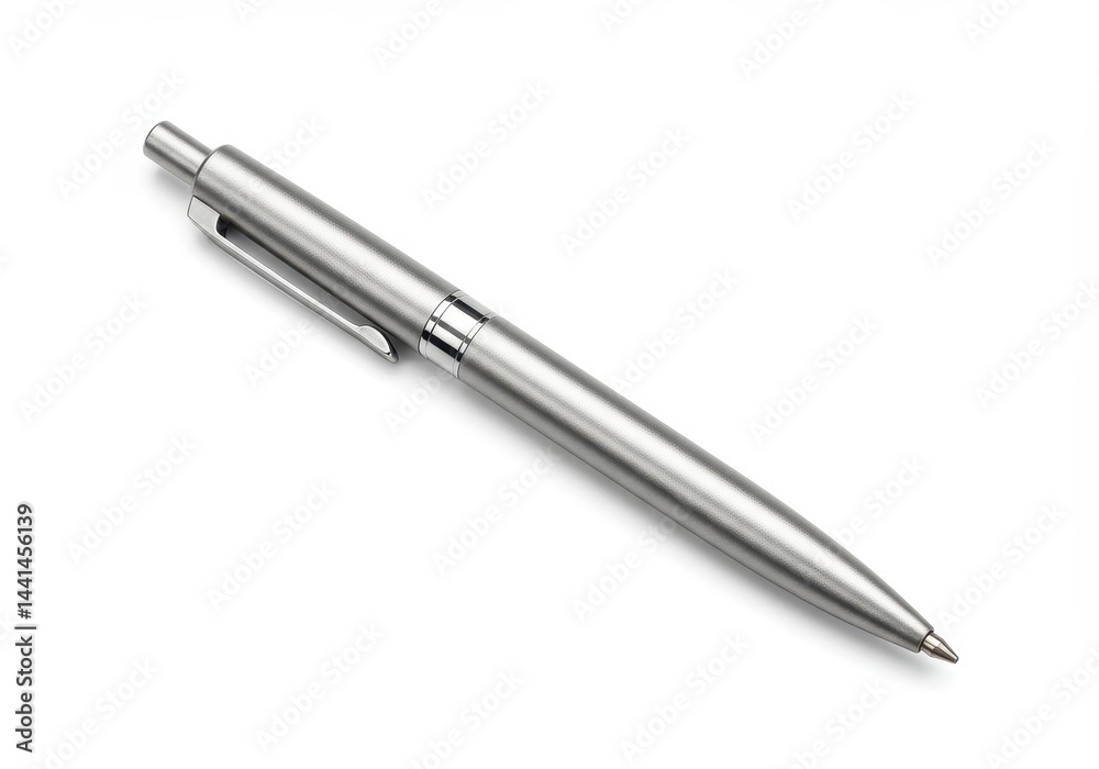 Close up of a sleek silver pen on white background, office supply Close up of a sleek silver pen on white background, office supply