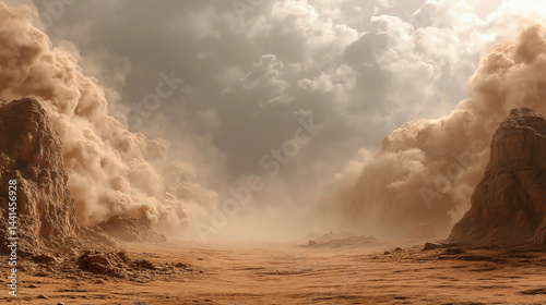 A violent dust storm sweeps through Martian mountains, with swirling clouds and rugged terrain creating a dramatic and hostile landscape.