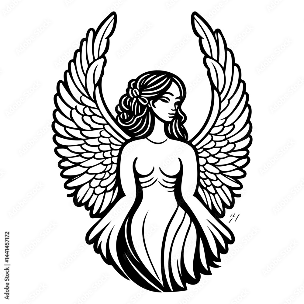 Elegant winged figure in monochrome, a stylized depiction of ethereal beauty Elegant winged figure in monochrome, a stylized depiction of ethereal beauty