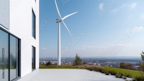 Modern, eco-friendly house with a wind turbine overlooking city.  Exterior view of a contemporary home featuring a large window,  a wind turbine, and a terrace.