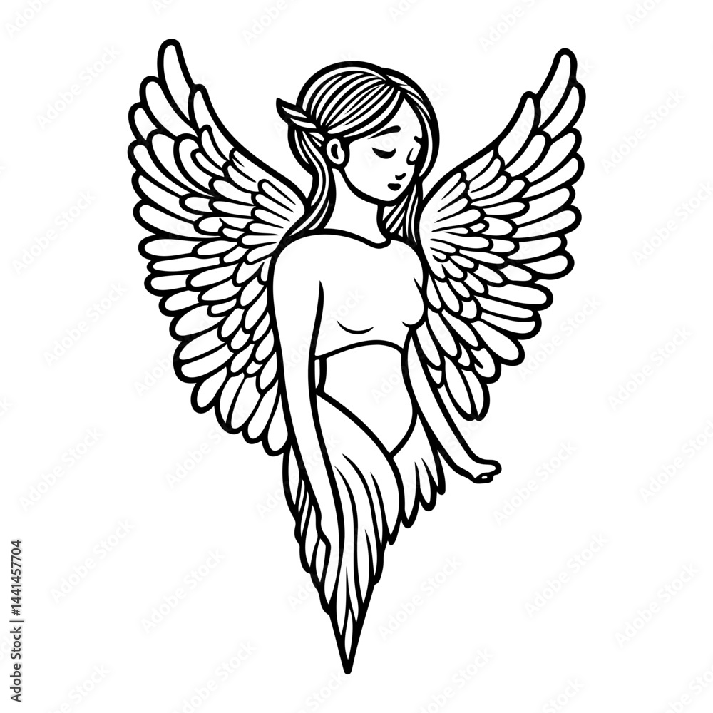 Elegant angel illustration with spread wings, poised in peaceful reverie Elegant angel illustration with spread wings, poised in peaceful reverie