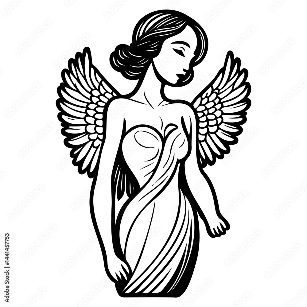 Elegant winged figure drawing: a stylized representation of graceful serenity Elegant winged figure drawing: a stylized representation of graceful serenity