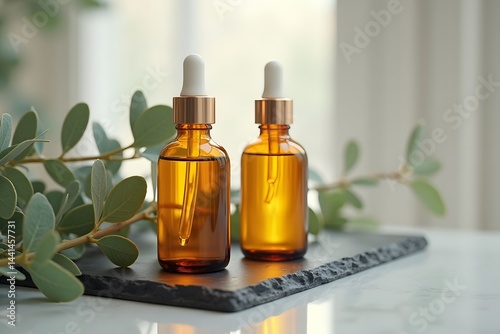 Essence of Serenity: Amber bottles, filled with an elixir of wellness, sit beside an arrangement of botanical elements, harmonizing natural remedies and therapeutic bliss.