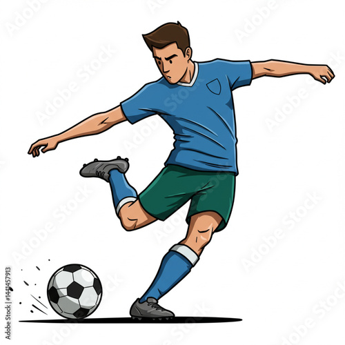 Cartoon Soccer Player in Dynamic Kicking Pose – Energetic Action Shot in Vibrant Blue Uniform