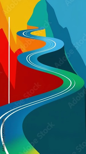 Abstract animation of a colorful winding road ascending through stylized blocky mountain landscape