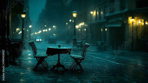 Fototapeta Naklejka Na Ścianę i Meble -  Romantic Parisian street scene at night, rain falling, snow on the ground, empty cafe table and chairs.