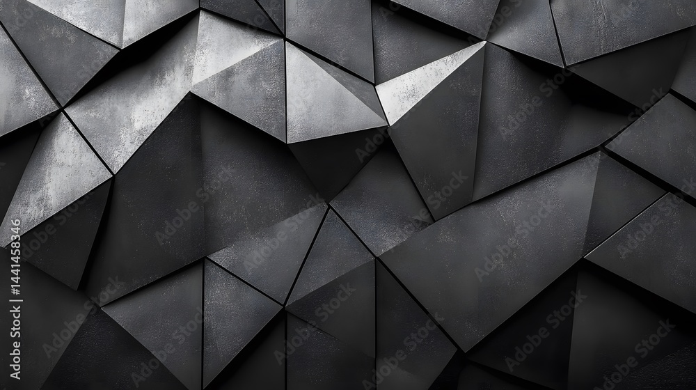 Fototapeta premium Abstract black background with geometric shapes and gradient, transitioning from dark gray to charcoal for a design template. Dark gray background with a low-poly texture, featuring a polygonal patter