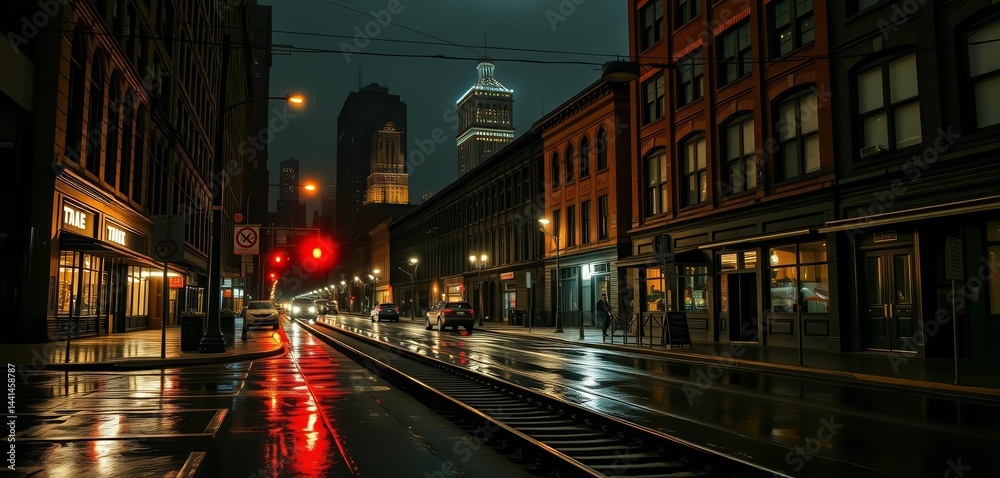Obraz premium Dark, rain-slicked Chicago street at night Elevated CTA tracks loom over vintage industrial buildings, factory, atmosphere