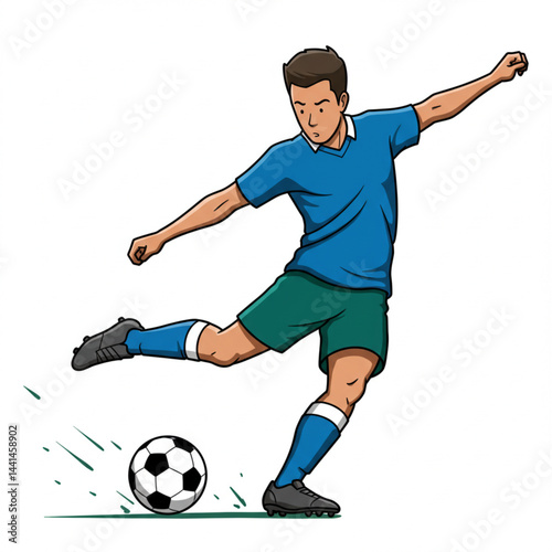 Cartoon Soccer Player in Dynamic Kicking Pose – Energetic Action Shot in Vibrant Blue Uniform