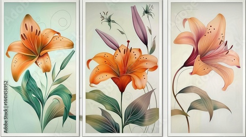 Three detailed paintings of orange lilies with green leaves and buds on soft pastel backgrounds evoking calm and natural beauty