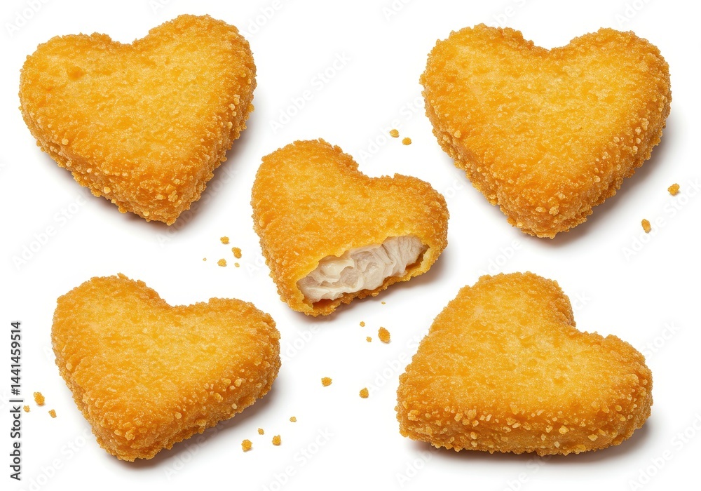 Heart shaped chicken nuggets with one nugget bitten on a white background