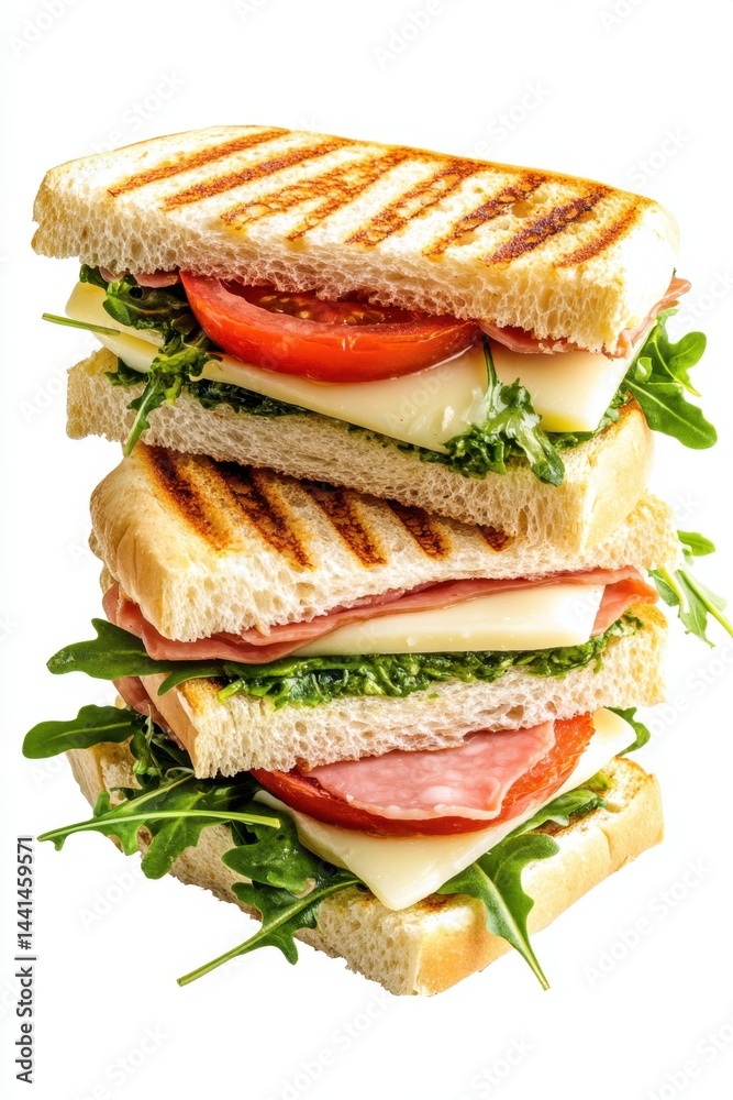 Delicious stacked panini sandwich with ham cheese tomato and arugula on white background gourmet delight fresh ingredients culinary masterpiece food photography