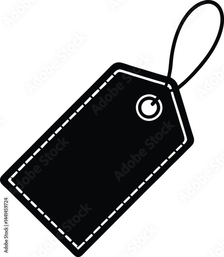 Vector price tag with dashed stitching border. Minimalist black and white price tag design. Rounded price tag with looped string.