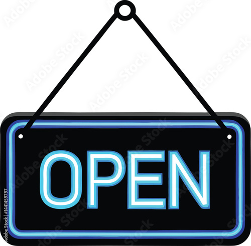 Classic blue neon OPEN sign illustration. Retro storefront sign glowing effect. Hanging OPEN sign with bold typography.