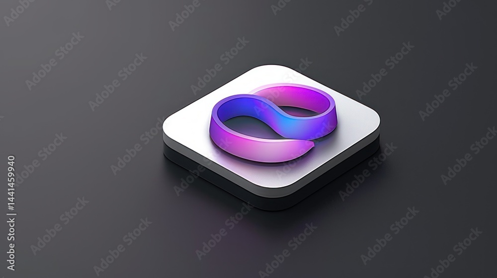 3d rendering of a smooth infinity-like loop symbol in pink and purple gradient placed on a white rounded square base against a dark gradient background, conveying modernity and elegance 3d rendering of a smooth infinity-like loop symbol in pink and purple gradient placed on a white rounded square base against a dark gradient background, conveying modernity and elegance
