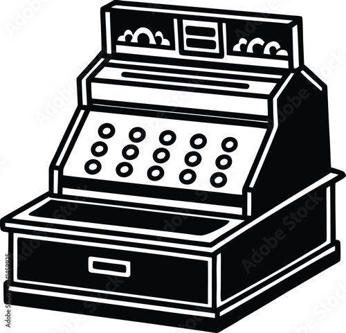 Cartoon vintage cash register black and white sketch. Simplistic cash machine vector illustration. Retro cashier register line art.