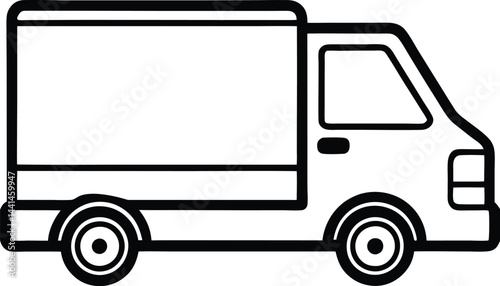 Black and white delivery truck line drawing. Minimalist cargo truck vector illustration. Simple shipping vehicle art.