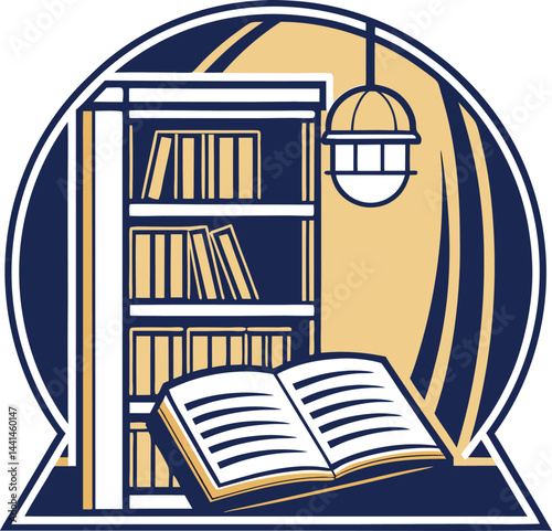 Stylized circular bookshelf and open book illustration. Minimalist navy and beige knowledge emblem. Elegant vector learning and library design.