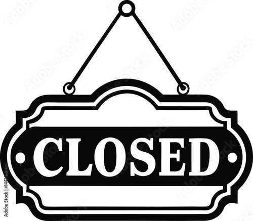 Black and white vintage 'Closed' sign illustration. Classic serif 'Closed' business sign. Minimalist hanging 'Closed' store notice.