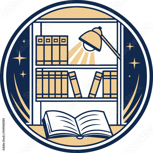 Bookshelf emblem with lamp and celestial design. Minimalist navy blue and beige circular logo. Stylized reading and library-themed emblem.