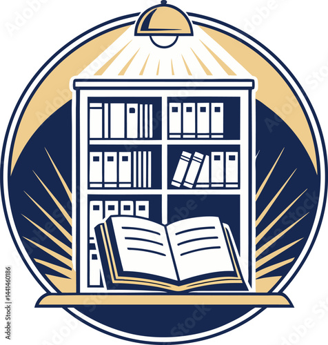 Circular bookshelf and open book emblem. Minimalist navy blue knowledge logo. Elegant library and education illustration.