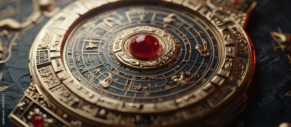 Obraz premium Ornate astrolabe, close-up detail, dark background; mystical, esoteric concept