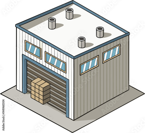 Isometric warehouse illustration with metal siding. Minimalist industrial building with garage and vents. Light gray and blue warehouse design.