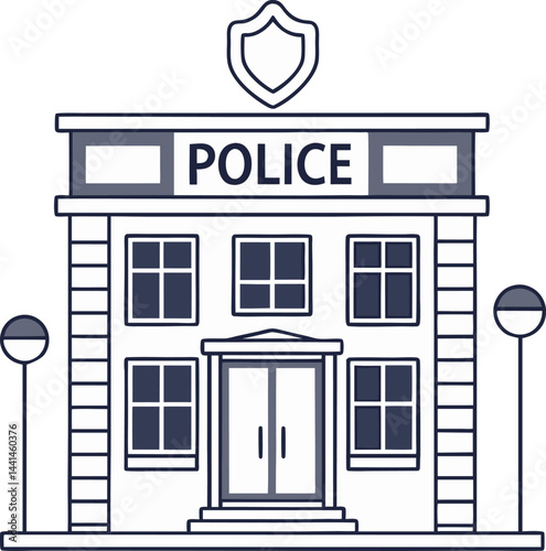Line-drawn police station in blue and gray. Minimalist law enforcement building with shield and lamps. Simple symmetrical police headquarters sketch.