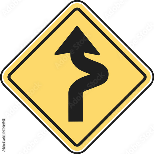 Curved road warning sign vector. Diamond-shaped yellow traffic symbol. Black wavy arrow road caution.