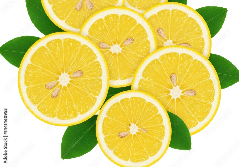 Fototapeta premium Lemon slices with green leaves on a white background, close up view