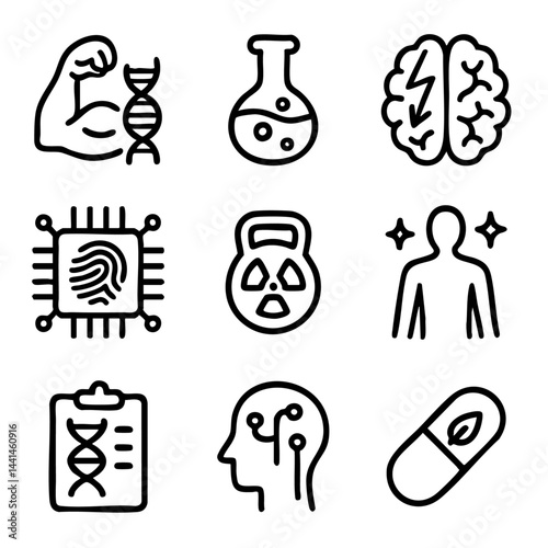 A cute doodle icon set featuring biotechnology, DNA research, brain science, genetic engineering, health innovation, and futuristic medicine concepts