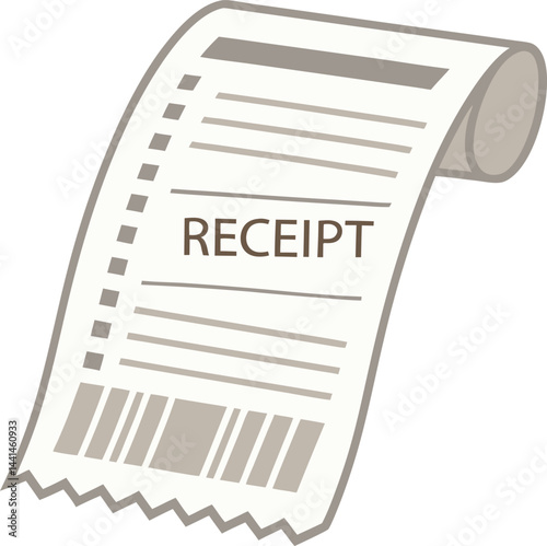Minimalist receipt illustration with barcode. Clean receipt design in brown and gray. Vertical receipt with perforated edges.