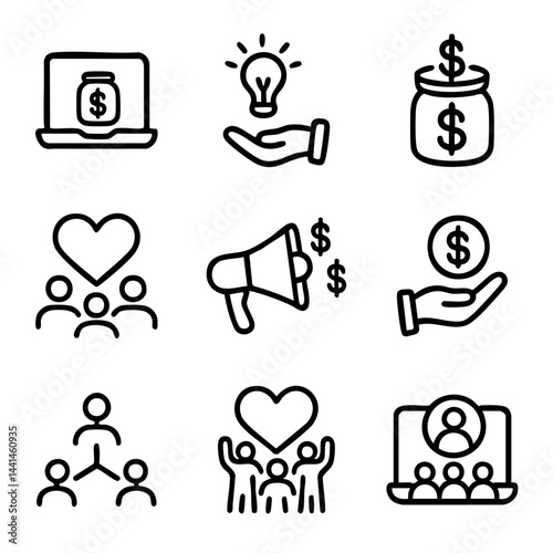 A cute doodle icon set featuring crowdfunding, fundraising, donations, community support, online giving, and charity campaigns in a fun style
