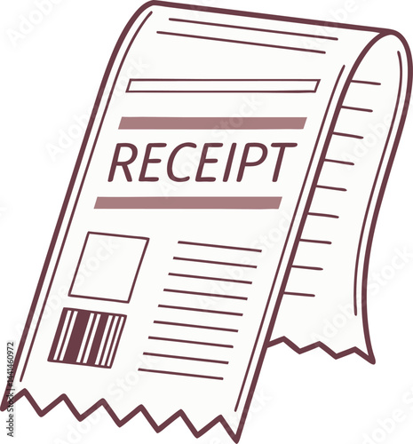 3D receipt illustration with dynamic curl. Bold receipt text in dark brown. Minimalist receipt with barcode detail.