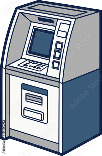 Cartoon ATM machine digital illustration. Simple ATM with keypad and cash dispenser. Modern ATM in gray and blue tones.