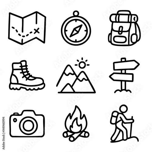A set of cute doodle vector icons featuring hiking, backpacking, mountains, navigation tools, camping fire, boots, and exploration