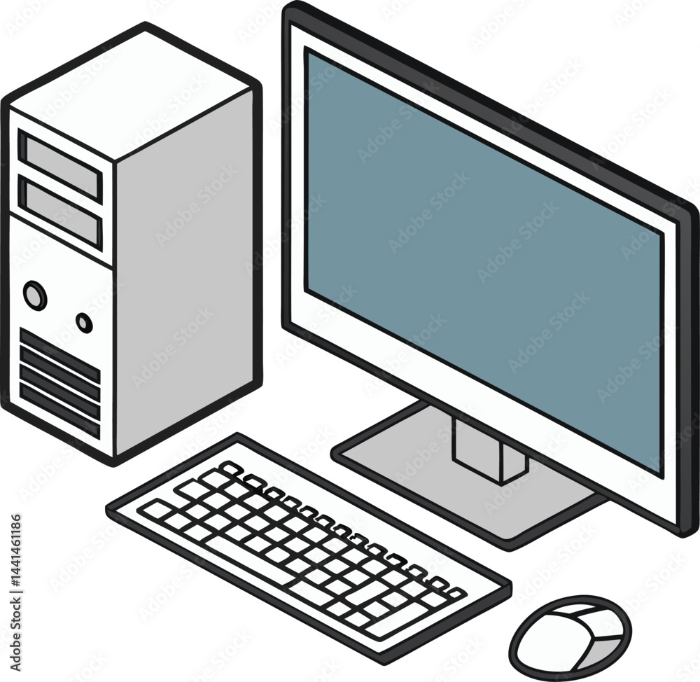 Fototapeta premium Isometric desktop computer setup illustration. Modern PC monitor and keyboard. Minimalist workstation digital design.