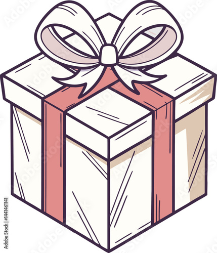 Soft pink ribbon gift box illustration. Minimalist present with elegant bow. Clean and inviting gift design.