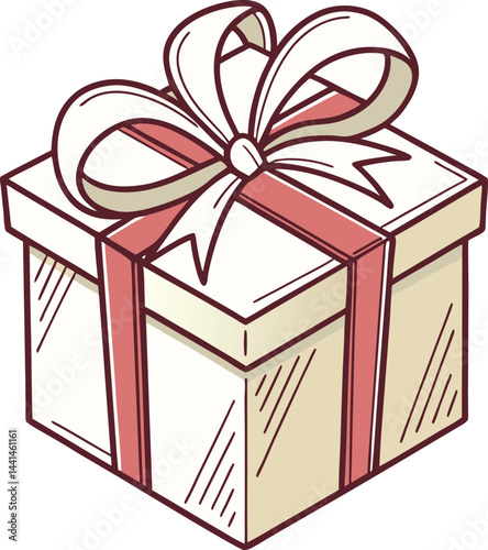 Festive red ribbon gift box illustration. Elegant present box with bow. Celebration and gift-giving cartoon design.