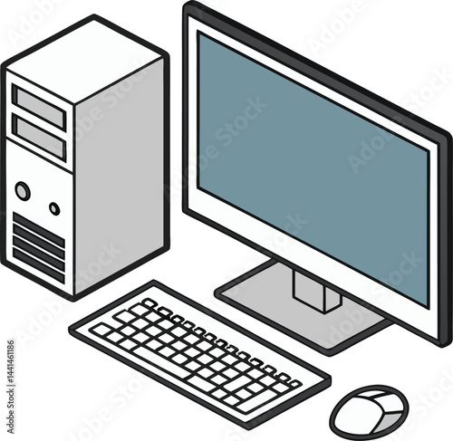 Isometric desktop computer setup illustration. Modern PC monitor and keyboard. Minimalist workstation digital design.