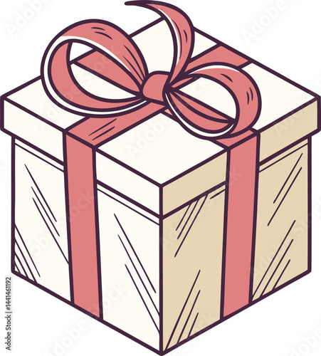 Stylized pink ribbon gift box illustration. Hand-drawn present with festive bow. Simple and elegant gift design.
