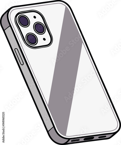 Modern smartphone with triple camera illustration. Sleek metallic phone back design. Minimalist monochrome mobile device.