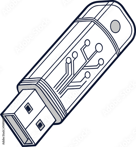 Transparent line-art USB flash drive with circuit details. Minimalist monochrome illustration of a flash drive. Modern tech gadget with internal circuit design.