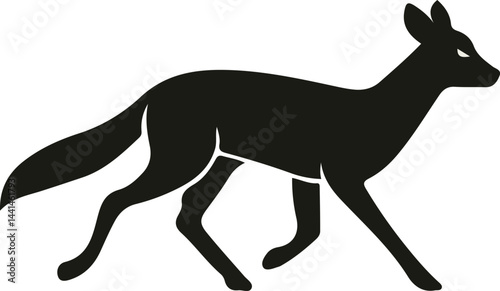 Minimalist walking fox silhouette. Sleek fox outline with bushy tail. Elegant black fox on white background.
