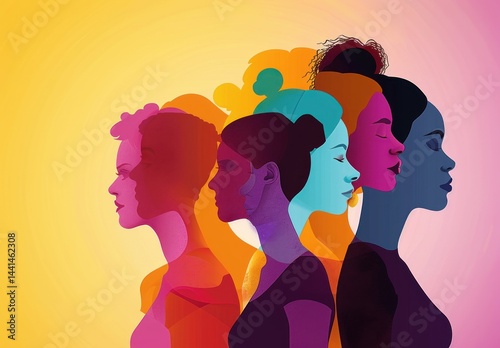 Colorful overlapping profiles of four women with different hairstyles expressing calm and serenity against a warm gradient background