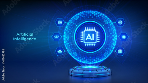 AI. Artificial intelligence technology concept. Artificial intelligence in the form of a holographic sphere with a hexagonal pattern. Neural networks. Big data. Machine Learning. Vector illustration.